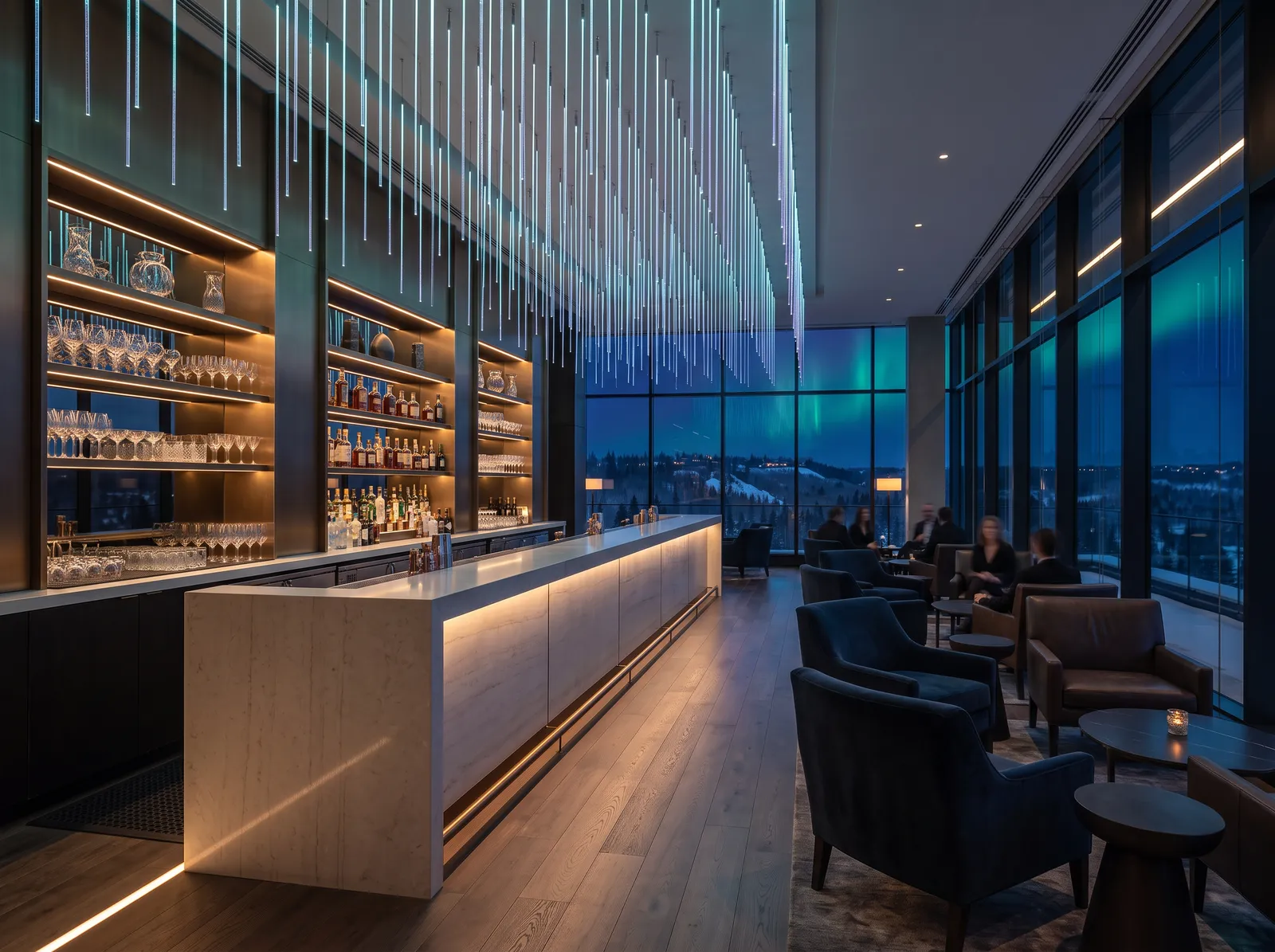 Borealis Lounge beneath its ceiling of slow teal and violet light