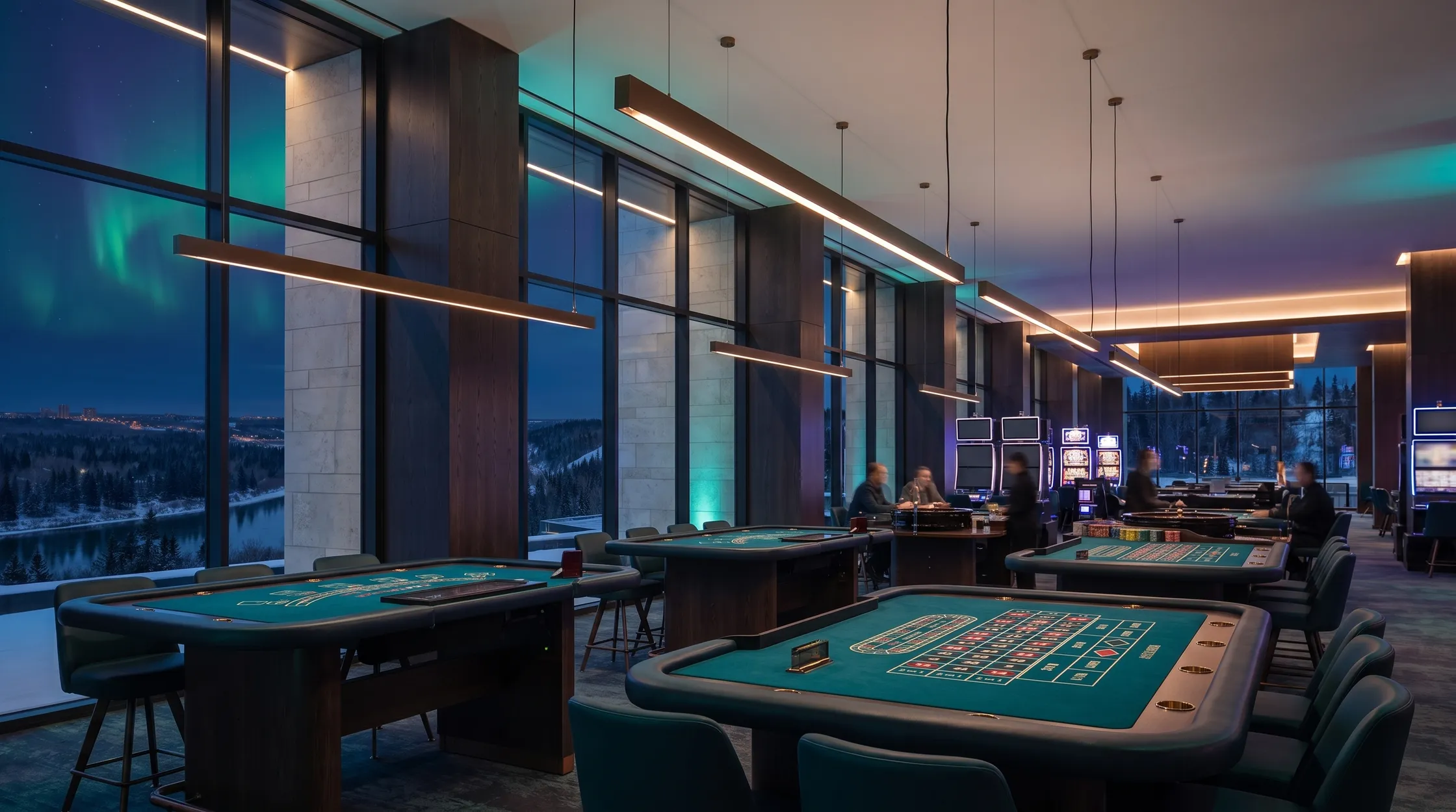 Teal-felt tables against the glass wall of The Lumen Floor at night