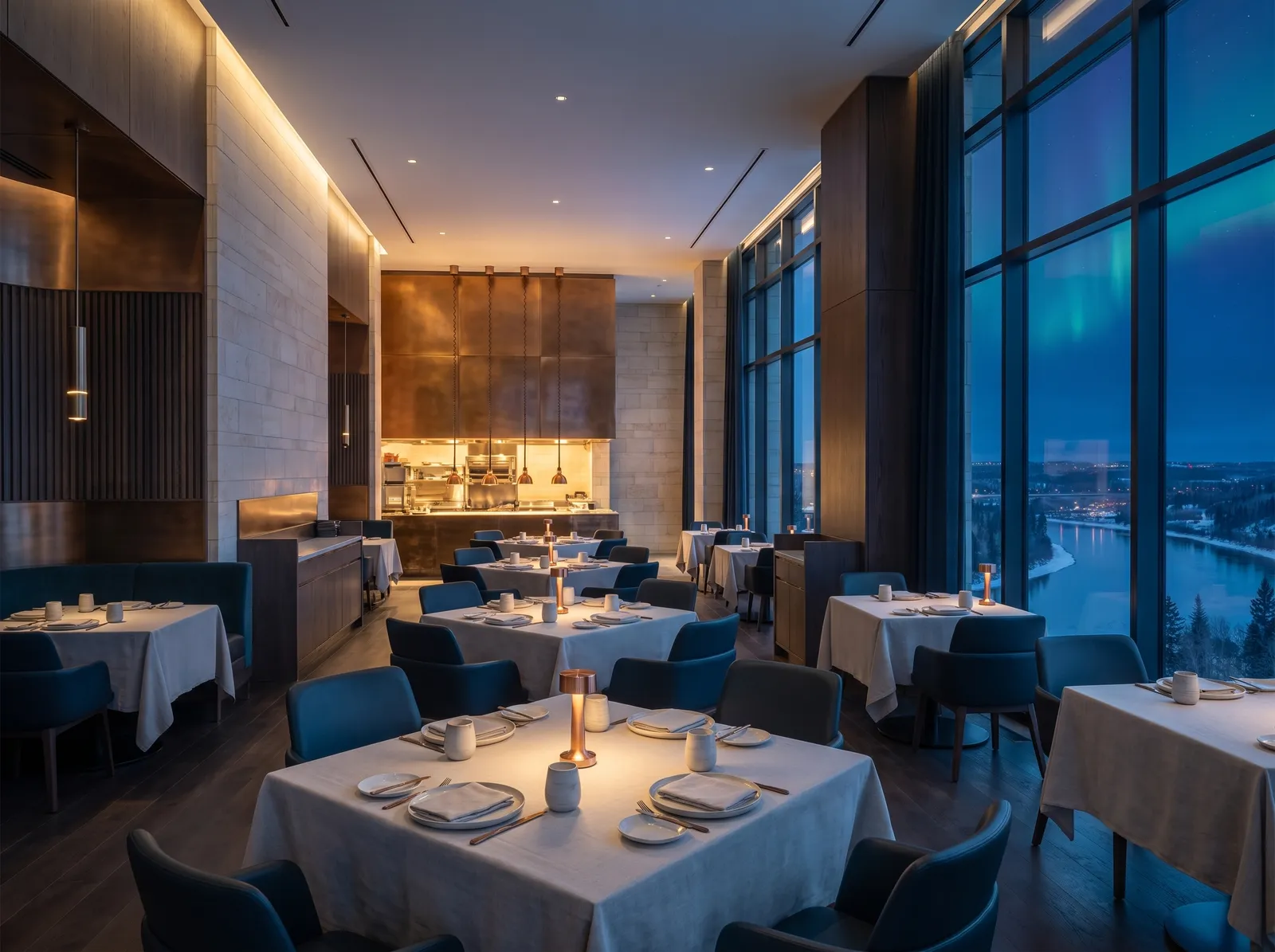 Linen-set tables and the bronze open kitchen at Vireo