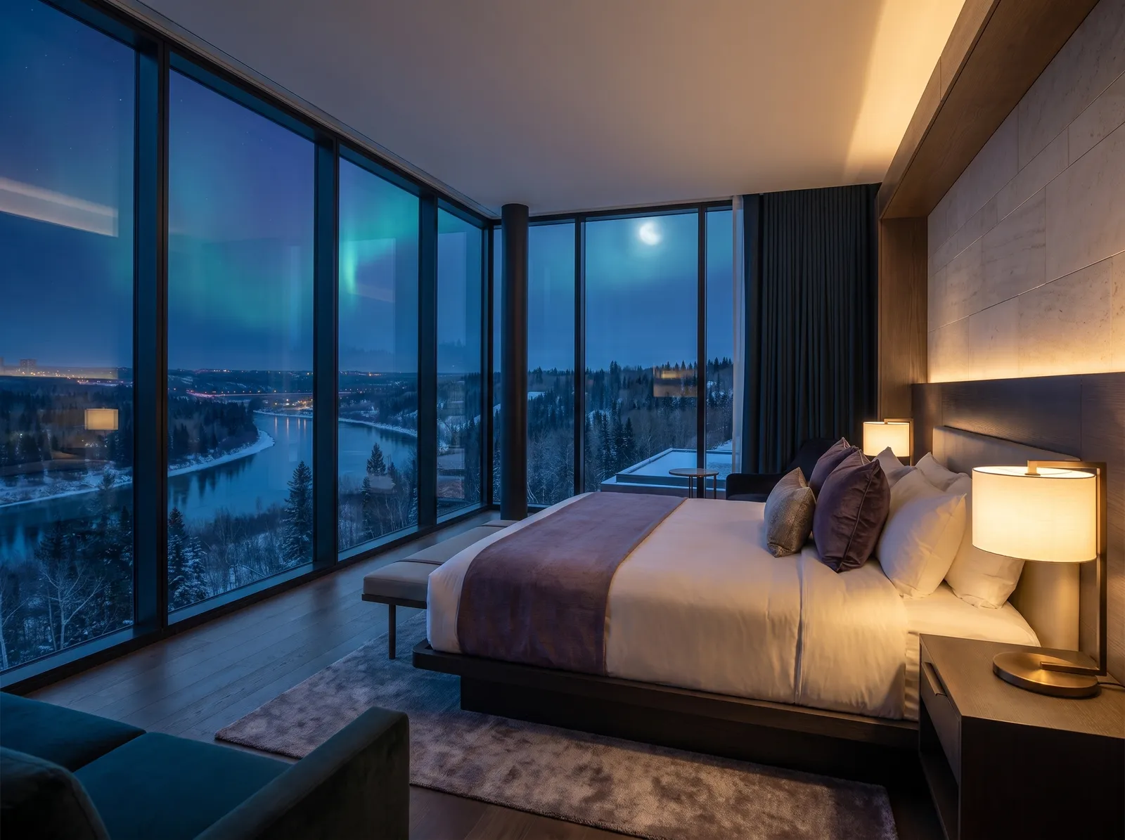 The Aurora Suite's corner glass walls facing the night valley