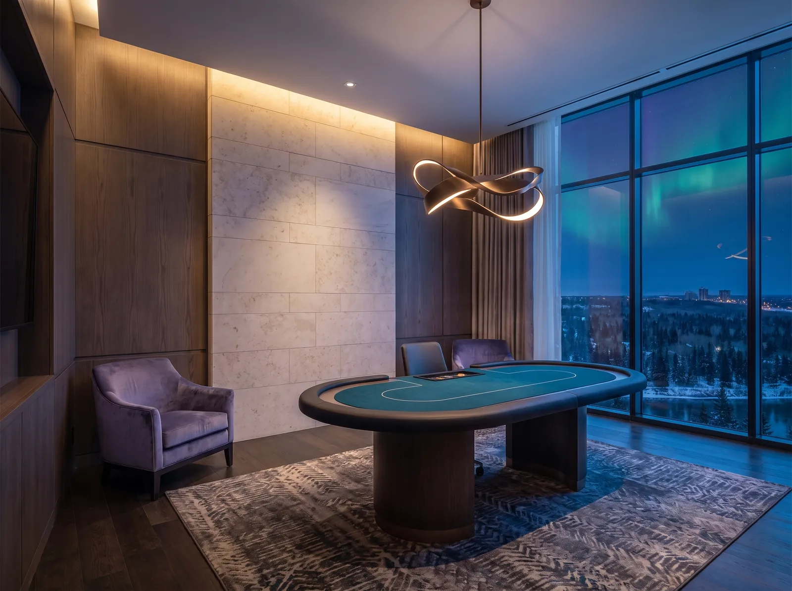 The single teal-felt table of Salon Nord beneath a bronze pendant